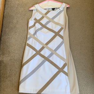 White and khaki cross stitch detail sheath dress